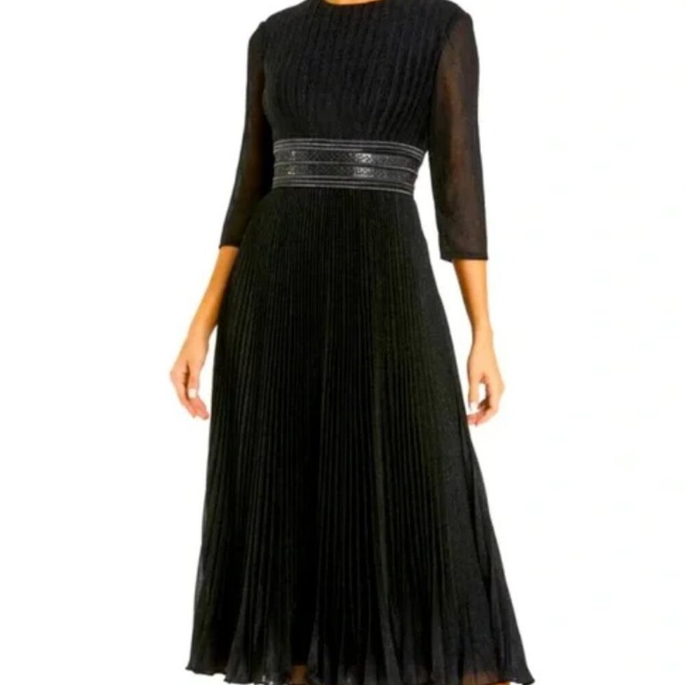 Mac Duggal NWT Black Glitter Pleated Embellished Tea Length Gown Size 8 …